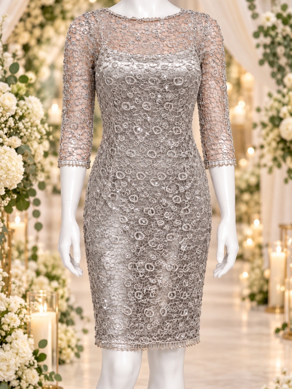 CACHET Silver Crochet Lace Sequin Dress Mother of Bride Cocktail Wedding Guest